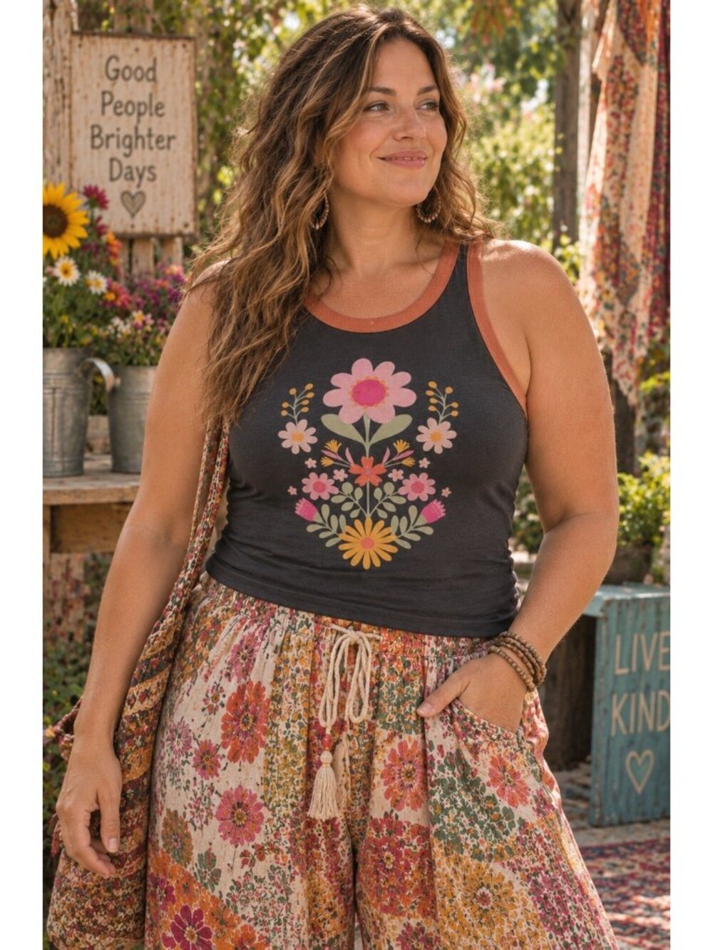 Natural Life Womens Ringer Tank Top XL Charcoal Gray Folk Flower Boho Floral
